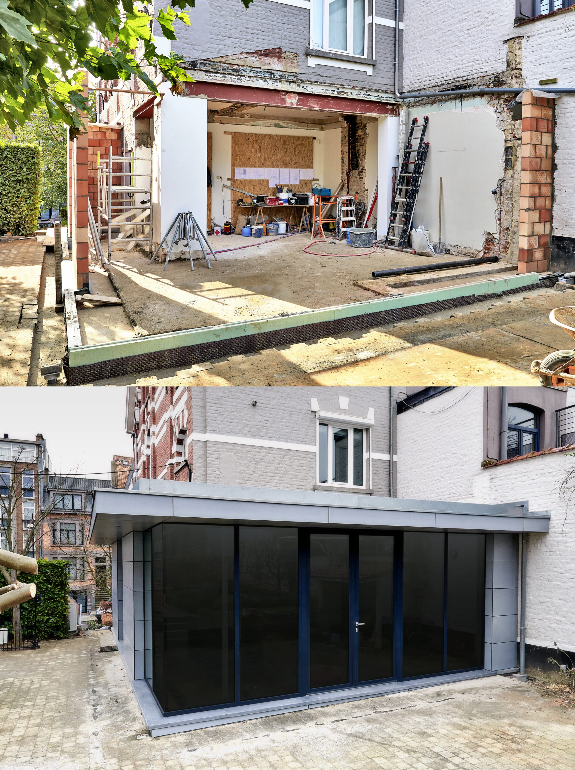 Verbouwing huis met uitbouw voor en na