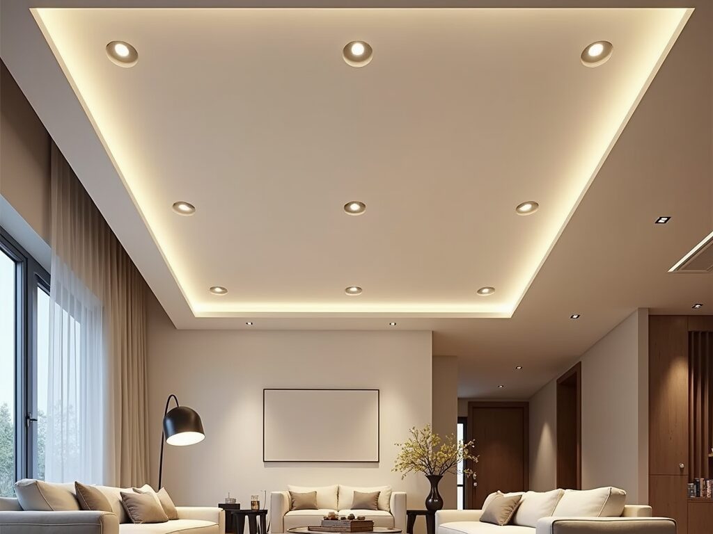Spanplafond woonkamer met spotjes